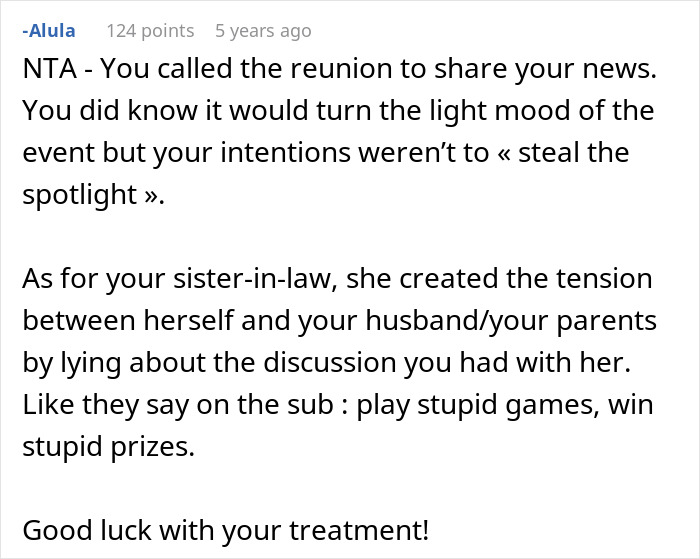 Comment discussing woman needing support from family after devastating news facing drama caused by sister-in-law jealousy.