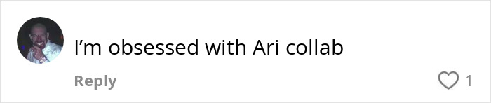 Comment on social media with text I&rsquo;m obsessed with Ari collab and a small profile picture of a person in dim lighting.