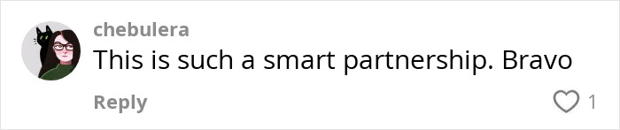 User profile icon with glasses and dark hair next to a comment praising a smart partnership on social media.