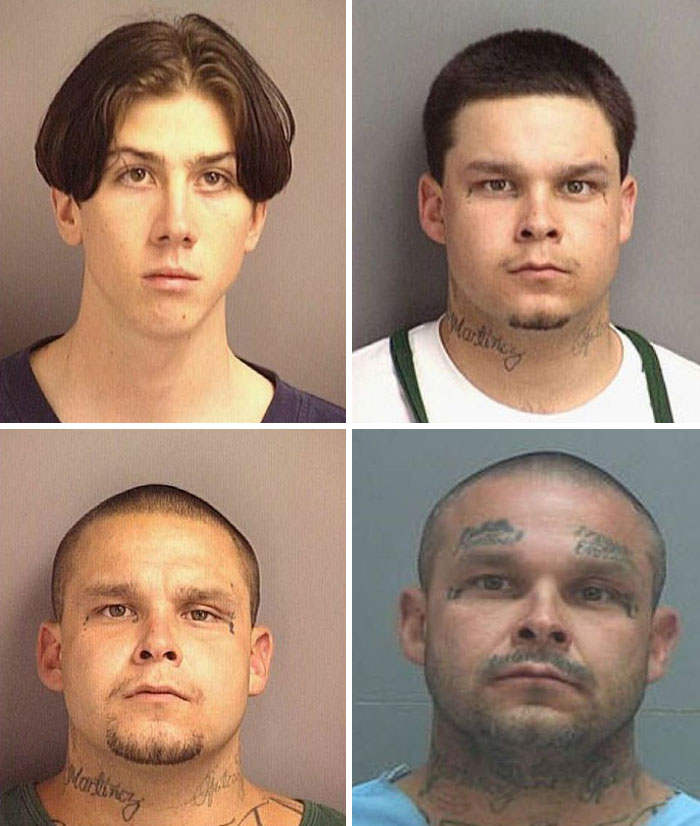 Four side-by-side mugshots showing facial changes over time in a series of comparison images.