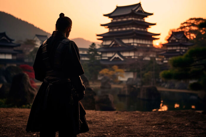 Silhouette of a person in traditional clothing viewing a Japanese castle at sunset illustrating concept time facts.