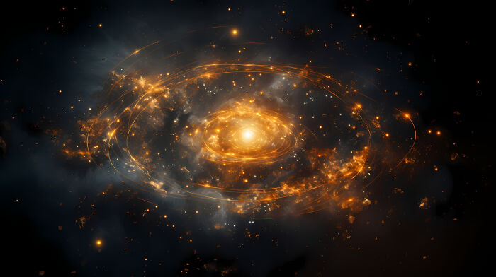 Spiral galaxy glowing with golden light and cosmic particles illustrating concept time facts in space.