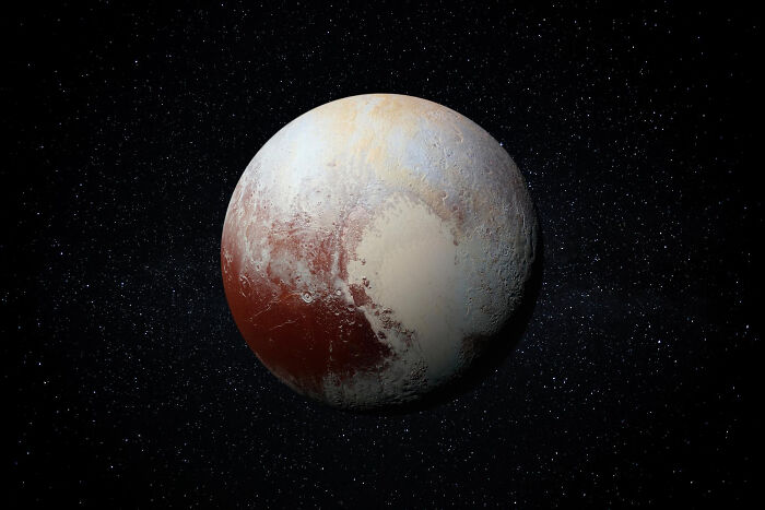 Pluto floating in space with detailed surface textures illustrating concept time facts in astronomy context.