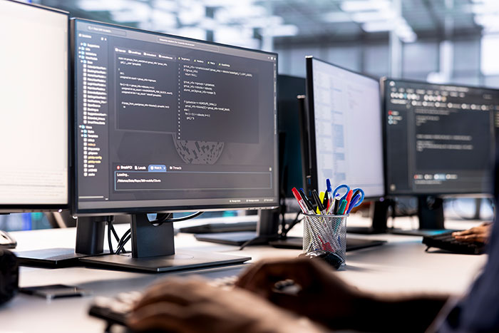 Computer screens displaying code with a person working at a keyboard in an office, related to hot take discussion with boomers.