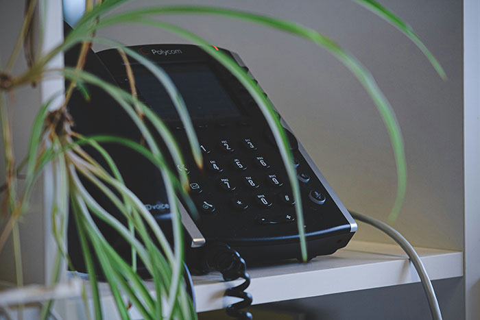 Black Polycom office phone on a white shelf with green plant leaves partially covering it, showing a modern workspace setup.