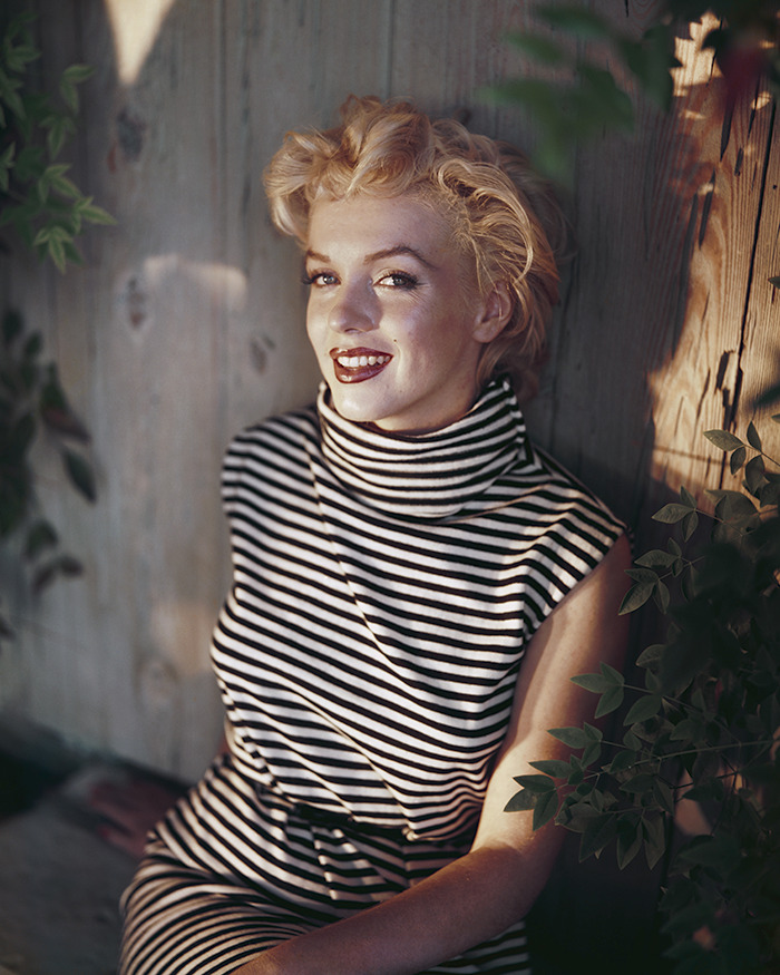 Marilyn Monroe smiling in a striped dress, sitting against a wooden wall surrounded by green leaves in soft sunlight. - 1