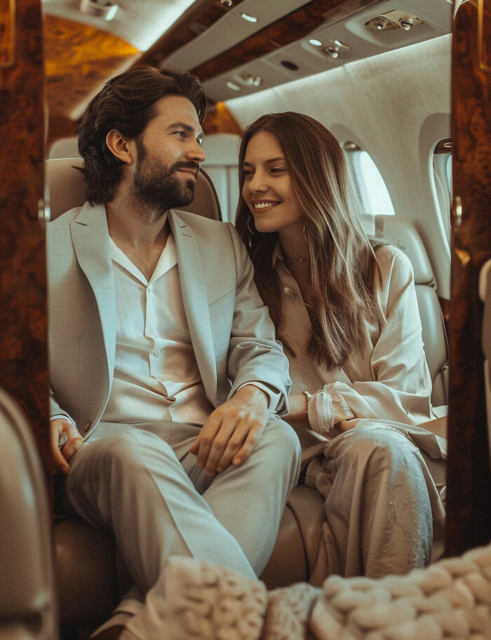 Couple dressed in luxury clothing seated comfortably inside a private jet highlighting wealth gap perspective.