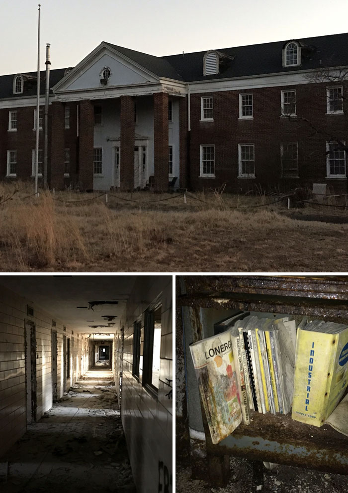 Abandoned building and decayed interior hallway with old books, evoking creepy vibes from places people visited.