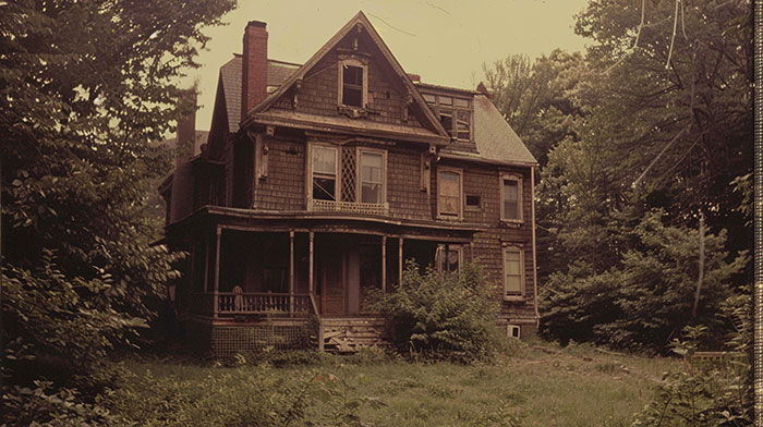 Old abandoned house surrounded by overgrown trees and bushes, evoking creepy vibes and eerie atmosphere outdoors.