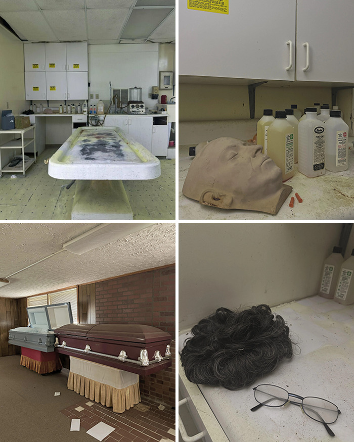 Creepy and unsettling abandoned mortuary room with caskets, mannequin head, wig, and dirty medical equipment.
