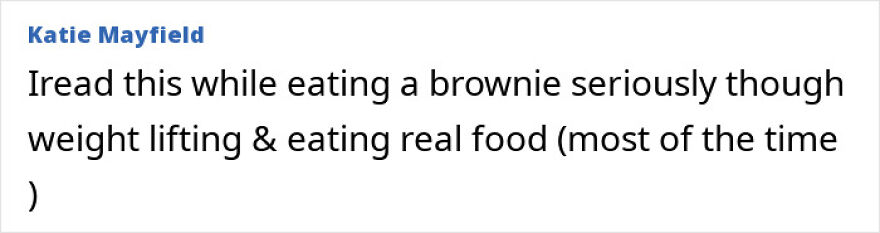 Text message from Katie Mayfield advising to read while eating a brownie, mentioning weight lifting and eating real food.