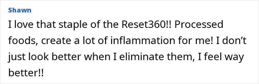 Comment from Shawn explaining that eliminating processed foods reduces inflammation and improves how they feel and look.