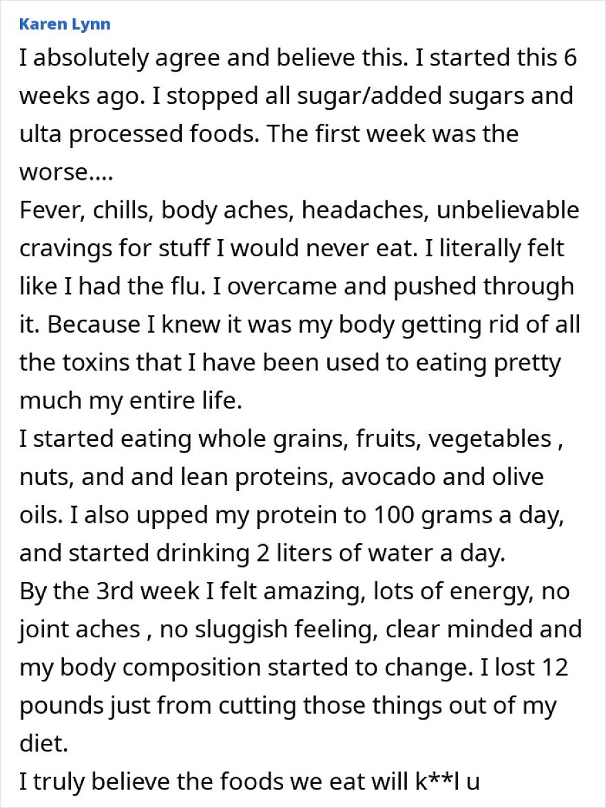 Testimonial about weight loss success after ditching processed foods and sugar, boosting protein intake and hydration.