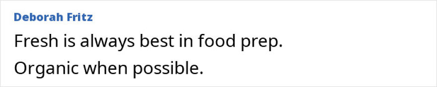 Text post by Deborah Fritz emphasizing fresh and organic food prep for better weight loss results according to scientists.