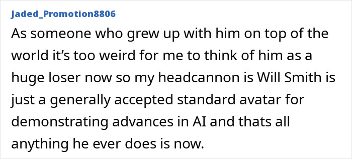 User comment discussing Will Smith as an AI-generated avatar amid crowd-faking controversies with AI technology. User comment discussing Will Smith as an AI-generated avatar amid crowd-faking controversies with AI technology.