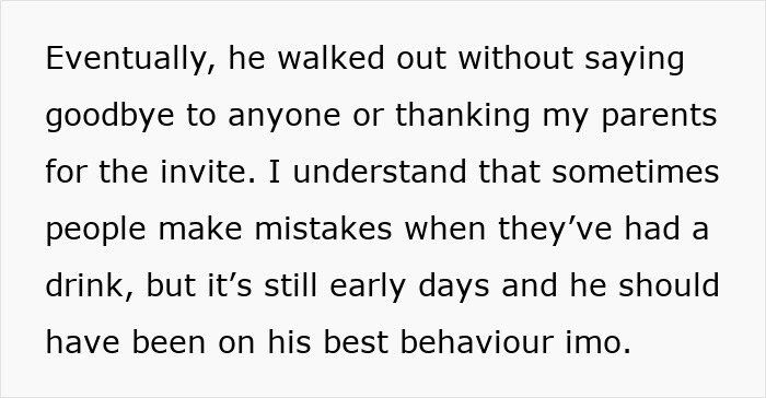 Text excerpt expressing disappointment in sister's boyfriend for bad behavior despite early relationship days and drinking mistakes. - 11