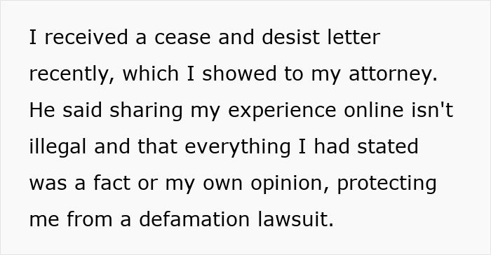 Text excerpt about refusing to take down website after wrongful jail time, discussing legal advice on online defamation.
