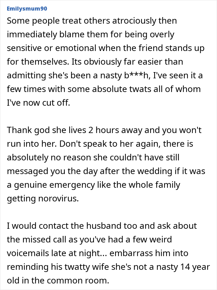 Text post from Emilysmum90 discussing a woman turning flaky, missing a friend&rsquo;s wedding, and sending a malicious voicemail.