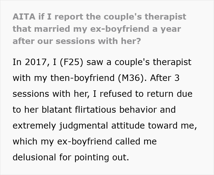 Text excerpt from a story about a couple's therapist who ruined a lady's mental health and later married her ex-boyfriend.