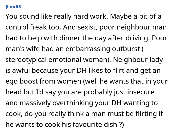 Text post with user JLou08 discussing relationship tensions involving a woman, her husband, and a friend after trip plans were ruined.