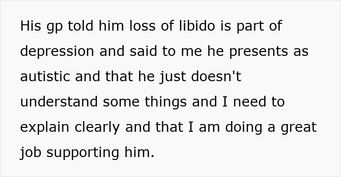 Text message discussing loss of libido, depression, autism traits, and providing support from family member found in cheating texts. - 25