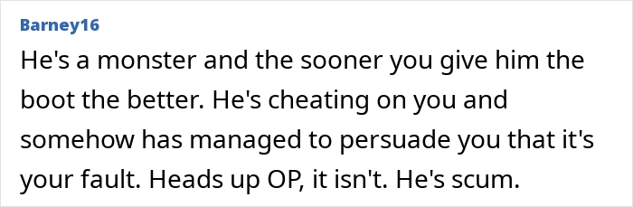 Comment from user Barney16 discussing a cheating dad and warning the original poster about his behavior in a forum thread. - 42