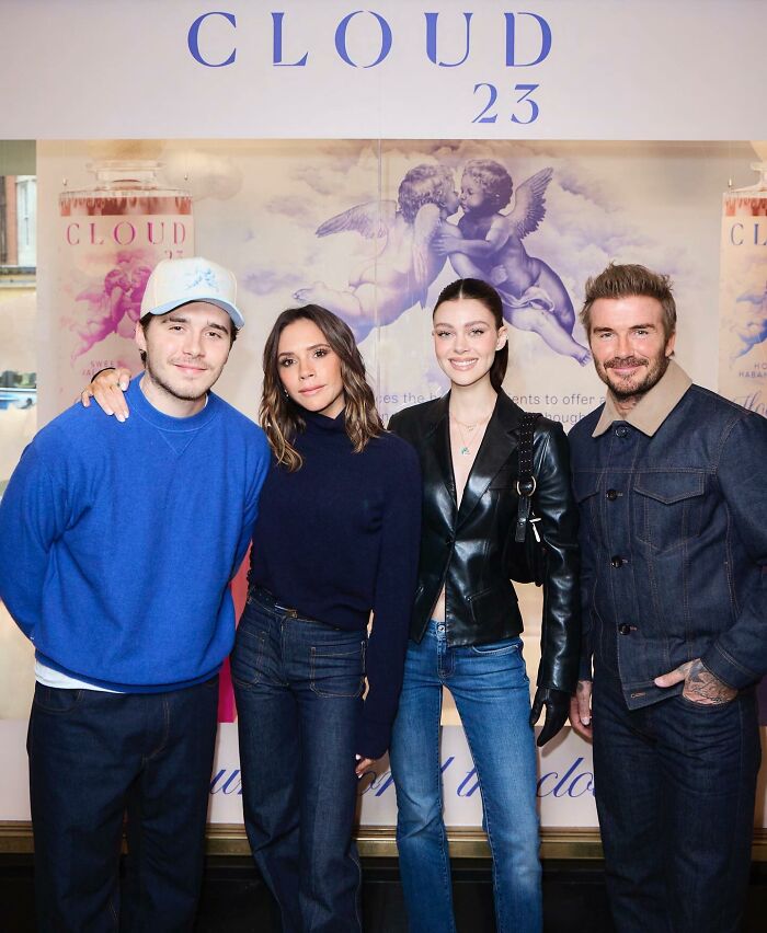 David and Victoria Beckham with their son Brooklyn and others at an event, highlighting Brooklyn's vow renewal speech.