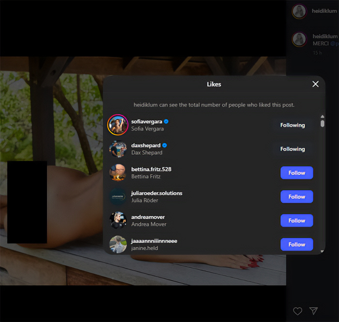 Dax Shepard liking Heidi Klum photo with no clothes on, visible Instagram likes list on screen.