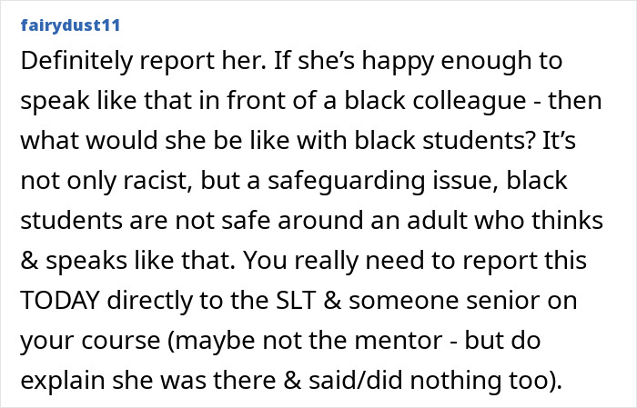 Screenshot of a forum comment urging a report of racist thoughts revealed by a teacher during unconscious bias training.