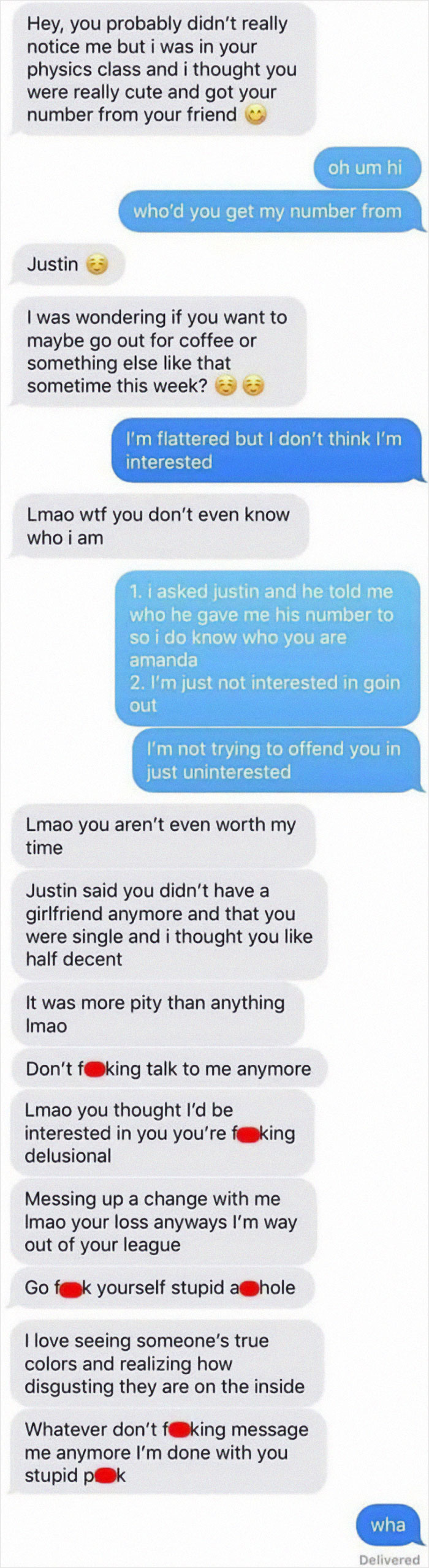 Text message exchange showing toxic behavior from a nice girl after rejection, highlighting toxic nice girls in screenshots.
