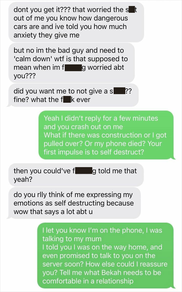Screenshot of toxic text messages showing emotional manipulation between two people, highlighting toxic behavior in relationships.