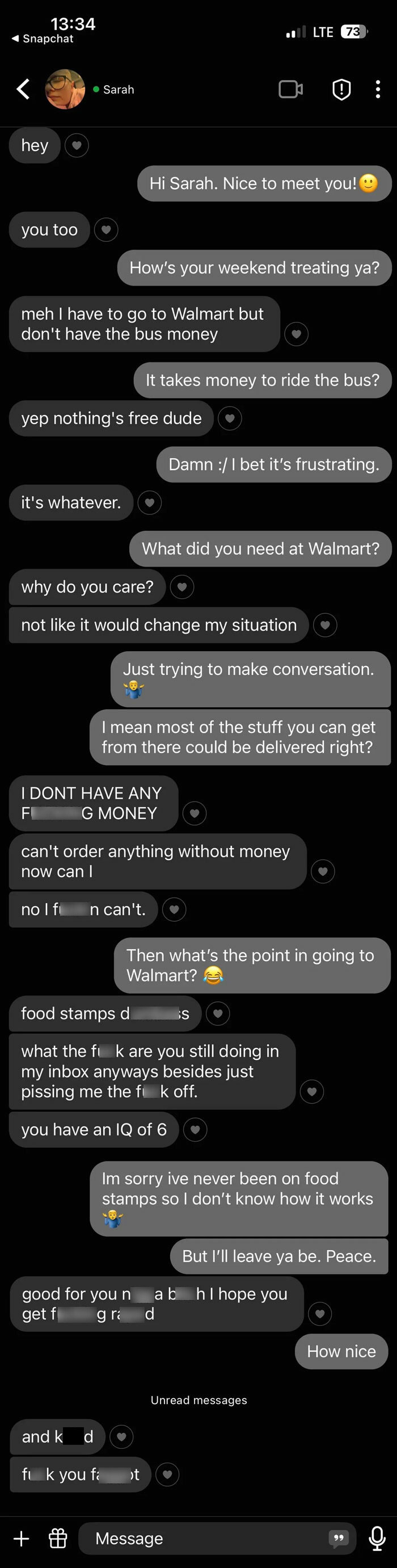 Screenshot of a toxic conversation on Snapchat highlighting messages from a "nice girl" showing hostility and insults.