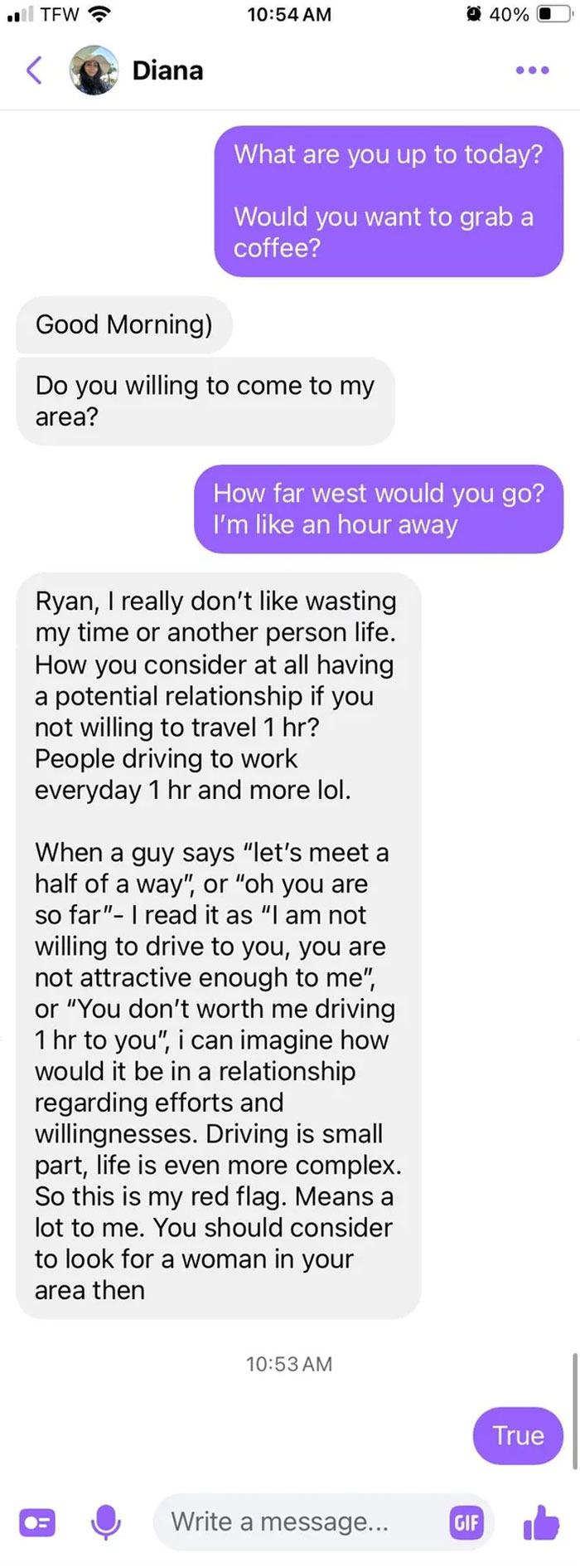 Text message conversation showing a woman discussing relationship expectations and willingness to travel, highlighting toxic nice girls.