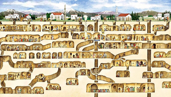 Cutaway illustration of a mysterious underground city with 18 stories and 280 feet deep showing rooms and tunnels.