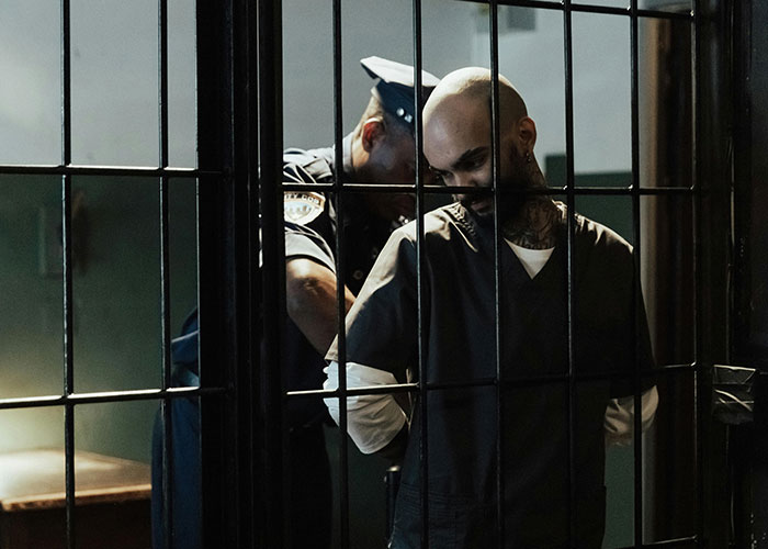 Man in prison uniform handcuffed behind bars with police officer securing his hands, depicting disgusting things discovered about friends.