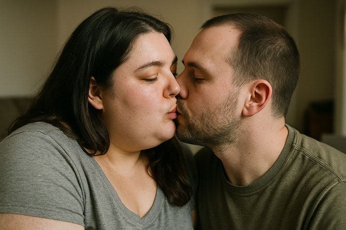 Couple sharing a tender kiss, highlighting in-laws' concerns about divorce related to weight and surprising truth revealed.