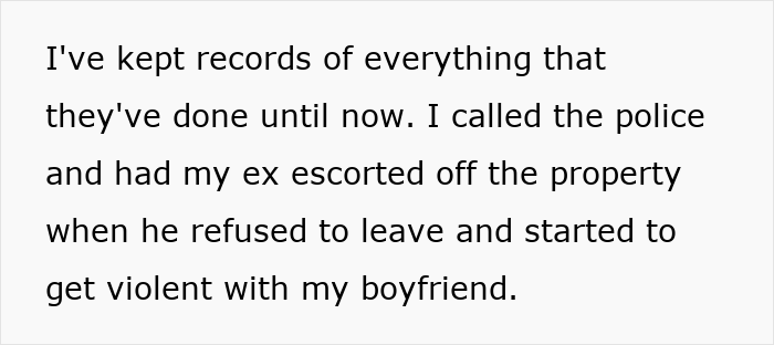 Text image showing a statement about calling police on ex for violence, revealing truth after divorce years later.