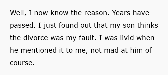 Text excerpt revealing a dad lying about divorce reasons to win over his son, with ex-wife revealing the truth years later.