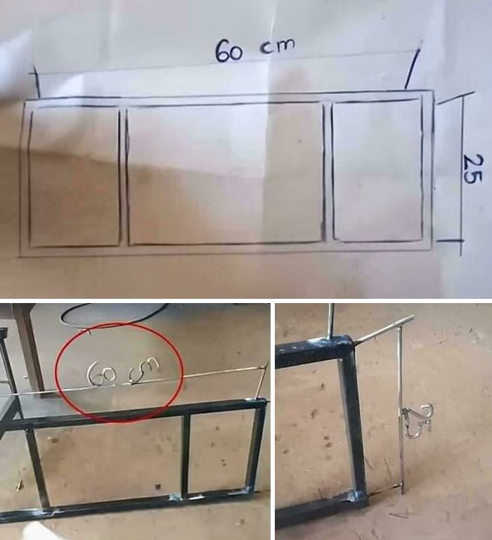 Hand-drawn DIY plan compared to inaccurate metal frame measurements in a DIY disaster project.