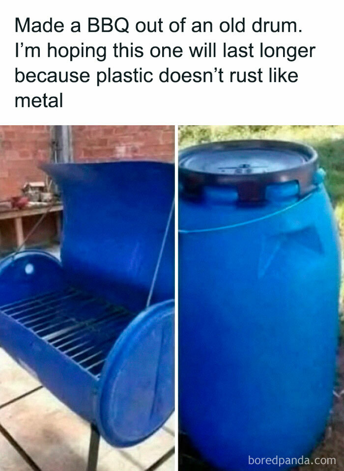 Blue plastic drum converted into a DIY BBQ grill, showcasing a creative but flawed DIY disaster in home projects.