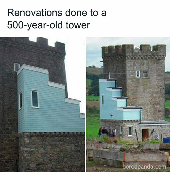 Renovation fail on a 500-year-old tower with awkward DIY addition of modern blue stairs, a notable DIY disaster.