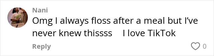 User comment about flossing habit related to preventing heart attack and dementia shared on social media platform.