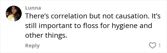 User comment discussing the importance of flossing for hygiene, relating to habits that prevent heart attack and dementia.