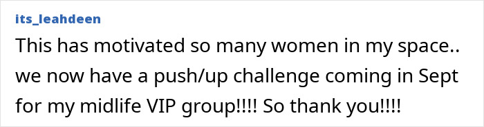 Text post from user its_leahdeen sharing excitement about an upcoming push-up challenge for women in a midlife VIP group.