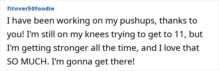 User comment from fitover50foodie about working on pushups and aiming to complete 11 in the Doctor Reveals 11 Push-Ups Challenge.