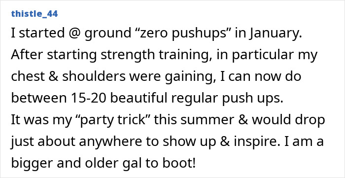 Text post from user thistle_44 sharing progress on a push-ups challenge, highlighting strength training benefits for women.