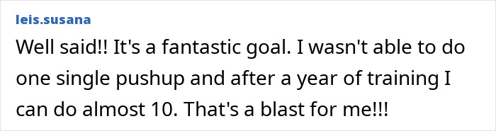 Comment from leis.susana sharing progress in push-ups training, highlighting improvement and motivation for the challenge results.