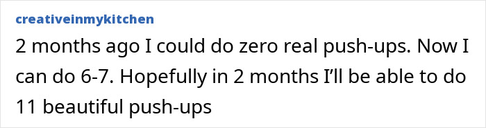User testimonial about progressing from zero to 11 push-ups in two months through a push-ups challenge for women&rsquo;s fitness.