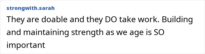 Comment from strongwith.sarah emphasizing the importance of building and maintaining strength with age and push-ups challenge benefits for women.