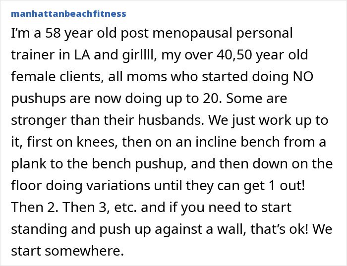 Postmenopausal personal trainer shares push-ups challenge helping women improve strength and fitness gradually.